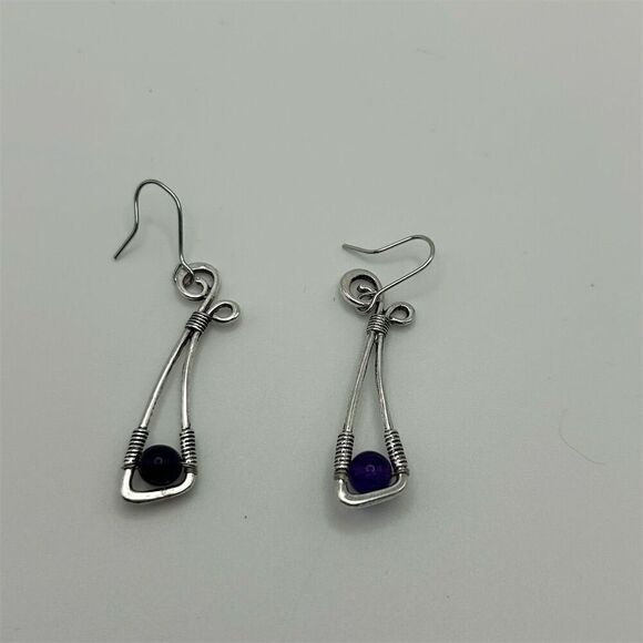 Fun Whimsical Curved Silver Tone Long Dangle Earrings Purple Beaded Bow Knot - Picture 5 of 8